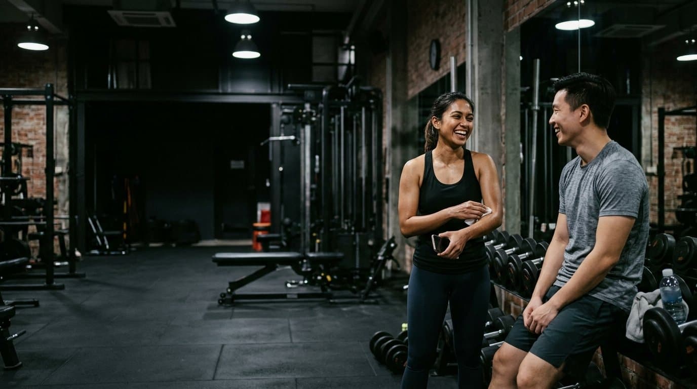 A trainer and her client laughing between sets
