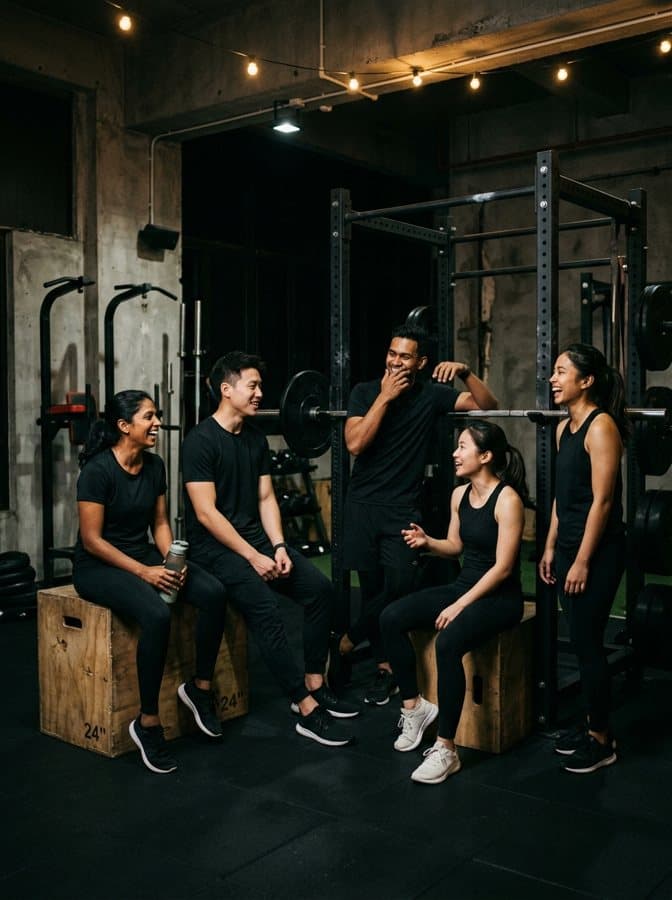 A group of trainers laughing together around a squat rack