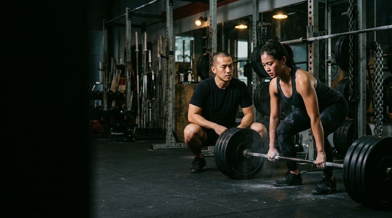 A trainer crouched beside his client as she sets up a heavy deadlift