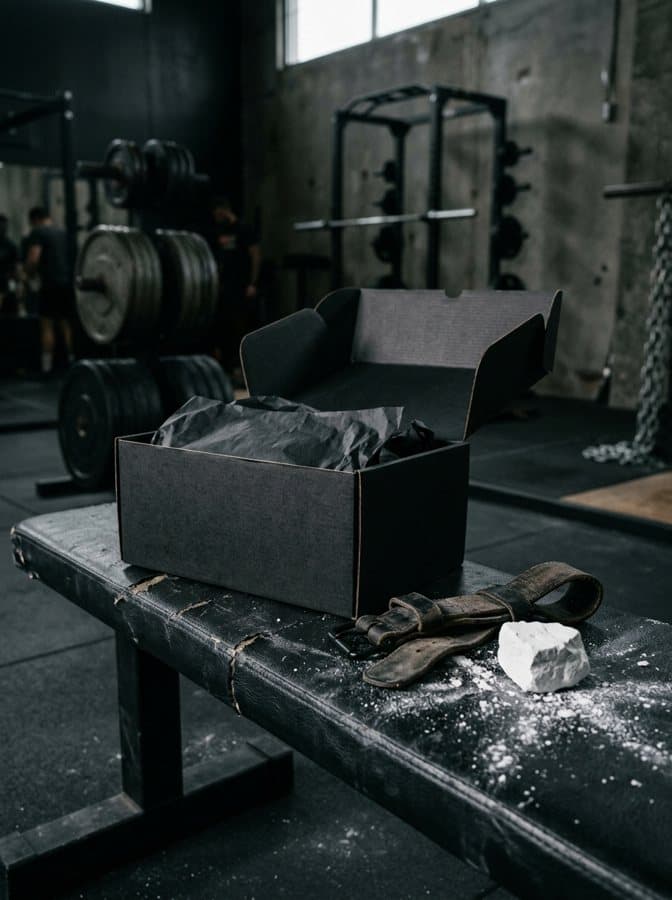 A plain black box on a gym bench beside lifting straps and chalk