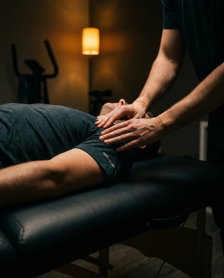 A physiotherapist working on an athlete's shoulder